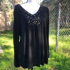 Black V-Neck Long Sleeve top, W/bronze stud Accent